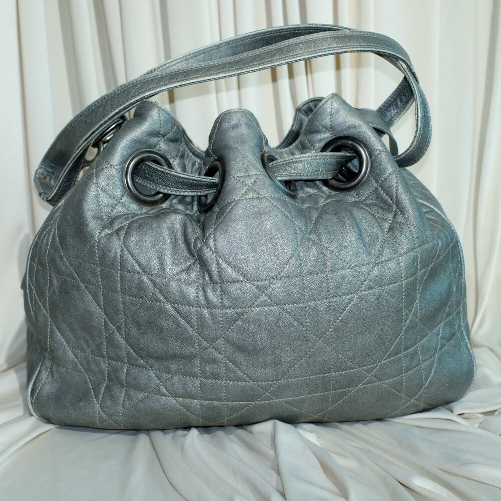 Christian Dior Quilted Lambskin Leather Cannage Drawstring Bucket Bag Silver